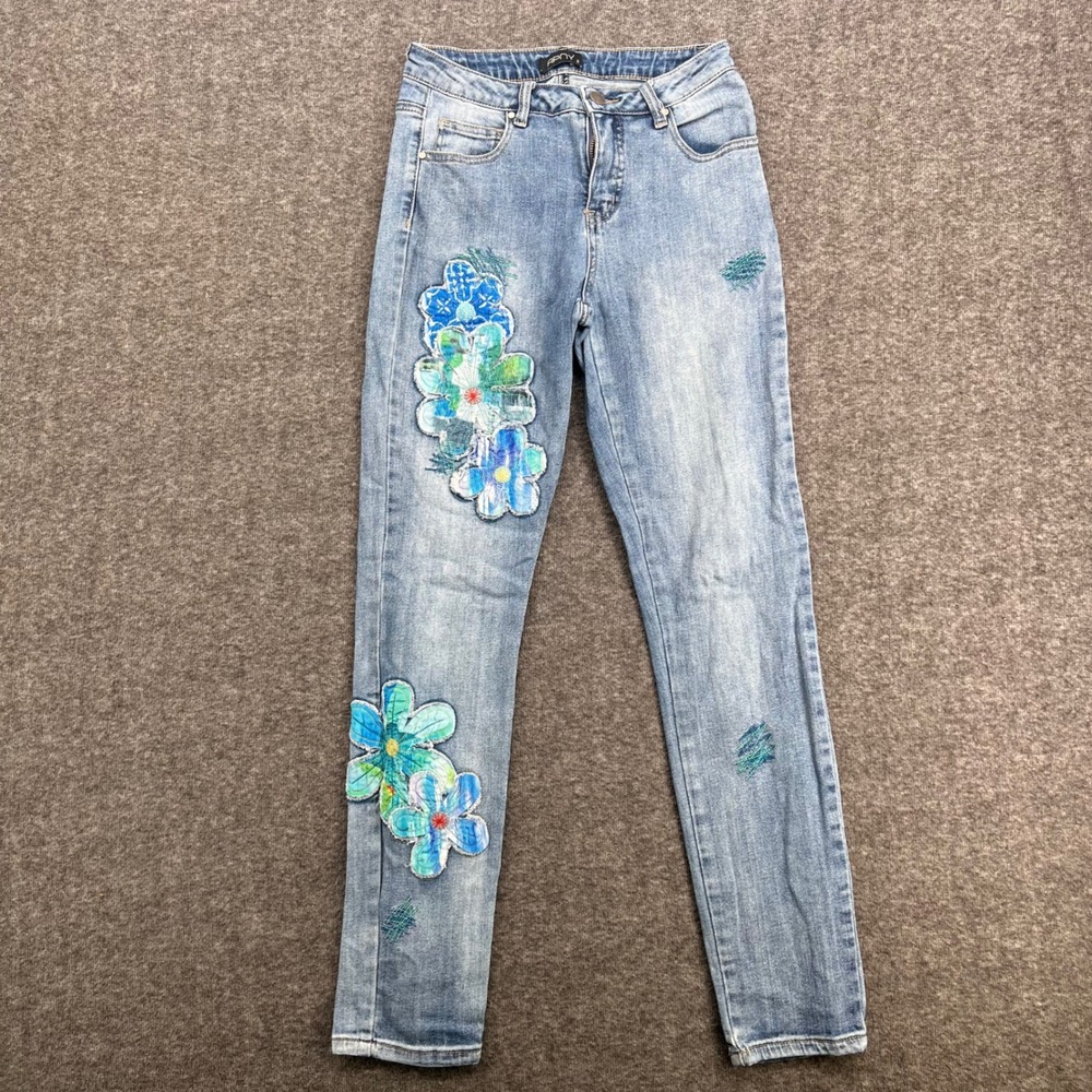 APNY Women Floral Applique Slim Leg Jeans Light Wash Blue Stretch Size 0